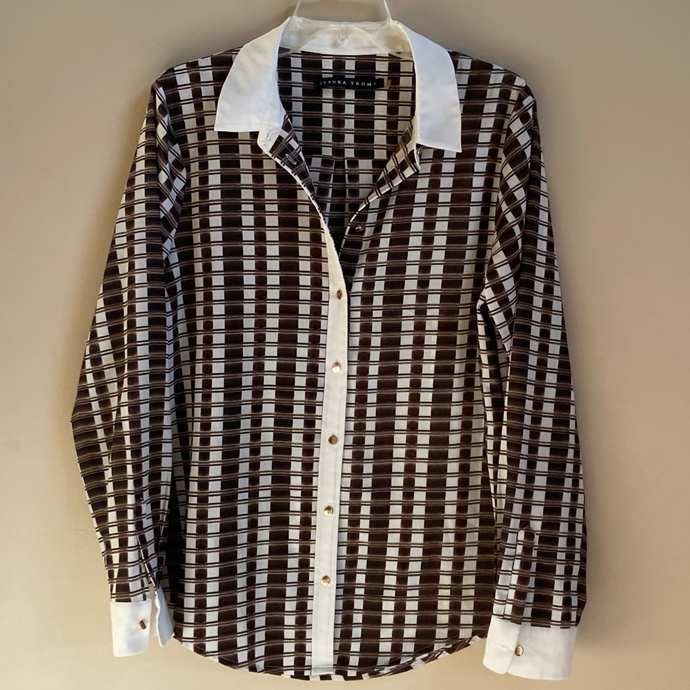 IVANKA TRUMP TOPS/ BLOUSE/ LONG SLEEVE/  BROWN- CREAM/SIZE M/ RN#54163